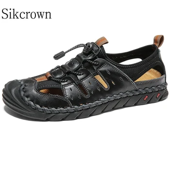 Черные летние сандалии из мягкой кожи, уличные повседневные легкие Римские сандалии, Модные мужские кроссовки большого размера, дышащие коричневые 48